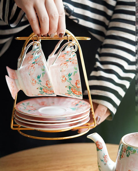 Luxury Tea Cup with Saucer, Elegant Coffee Cup, Porcelain Tea cups, Ceramic Tea Cup Set, British Tea Cup Set, Afternoon Tea Cup with Saucer Set-HomePaintingDecor