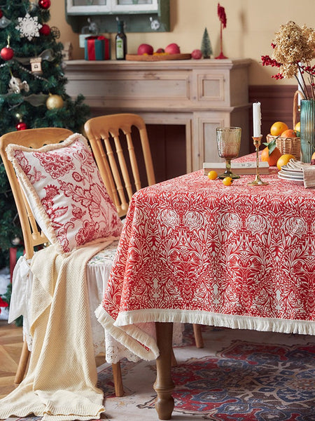 Large Fiberflax Rectangle Tablecloth for Home Decoration, Red Flower Pattern Tablecloth for Holiday Decoration, Square Tablecloth for Round Table-HomePaintingDecor