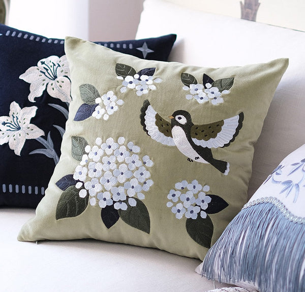 Decorative Pillow Arrangement Ideas for Couch, Living Room Decorative Pillows, Embroidered Swallow Birds Cushion, Large Decorative Pillows for Couch, Modern Throw Pillows for Bedroom-HomePaintingDecor