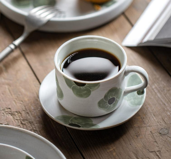 Cappuccino Coffee Cup, Spring Flower Coffee Cup, Rustic Tea Cup, Pottery Coffee Cups, Coffee Cup and Saucer Set-HomePaintingDecor