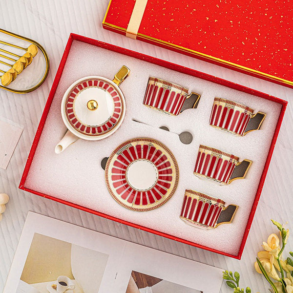 Beautiful Porcelain Tea Cup and Saucer Set, Red Tea Cup and Saucer Set with Teapot in Gift Box, Modern Ceramic Coffee Cups-HomePaintingDecor