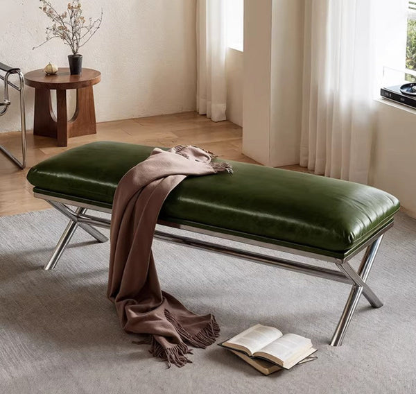 Luxury Genuine Leather Entry Bench, Upholstered Shoe Bench, Contemporay Bedroom Bench, Narrow Entryway Bench, Modern Shoe Changing Ottoman, Mid-Century Hall Bench-HomePaintingDecor