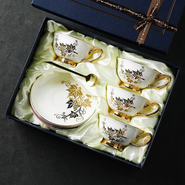 Golden Leaves and Grapes Bone China Porcelain Tea Cup Set, Unique British Tea Cup and Saucer in Gift Box, Elegant British Ceramic Coffee Cups-HomePaintingDecor