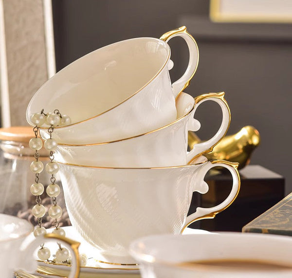 White Porcelain Tea Cup Saucer Set, 8 oz British Tea Cup and Saucer in Gift Box, Unique British Ceramic Coffee Cups for Traditional Afternoon Tea-HomePaintingDecor