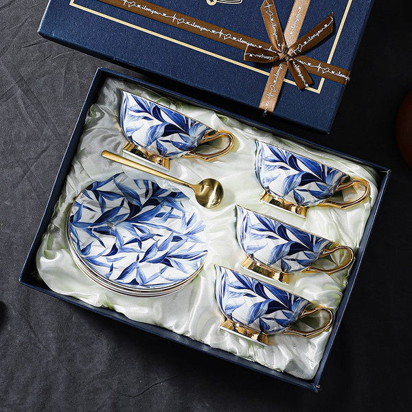 Unique British Tea Cup and Saucer in Gift Box, Blue Porcelain Tea Cup Saucer Set, 7.4 oz British Ceramic Coffee Cups-HomePaintingDecor