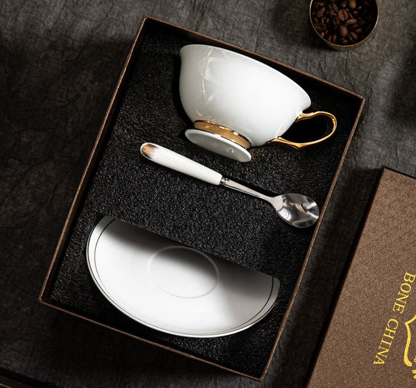 White Ceramic Cups, Elegant British Ceramic Coffee Cups, 7.8 oz Porcelain Tea Cup Saucer Set, Unique Tea Cup and Saucer in Gift Box-HomePaintingDecor