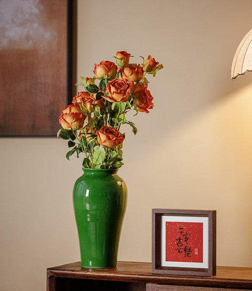 Vintage Flower Vases on Table, Handmade Water Holding Flower Vase, Centerpiece Ceramic Bud Vases, Green Porcelain Flower Vases-HomePaintingDecor