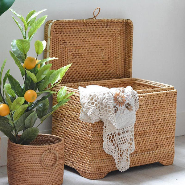 Oversized Storage Baskets for Bedroom, Rectangular Woven Storage Baskets for Clothes, Large Rectangular Storage Basket with Lid, Rattan Storage Case-HomePaintingDecor