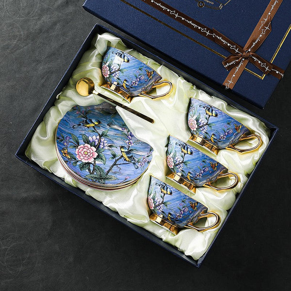 Unique British Tea Cup and Saucer in Gift Box, Blue Bird and Butterfly Porcelain Tea Cup Saucer Set, 7.4 oz British Ceramic Coffee Cups-HomePaintingDecor