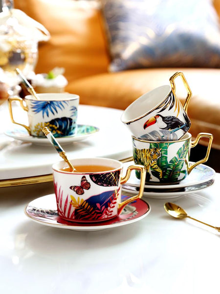 Coffee Cups with Gold Trim and Gift Box, Jungle Leopard Pattern Porcelain Coffee Cups, 7.4 oz Tea Cup and Saucer-HomePaintingDecor