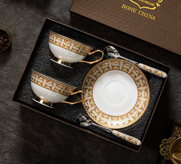 Handmade Elegant British Ceramic Coffee Cups, Unique Tea Cup and Saucer in Gift Box, Bone China Porcelain Tea Cup Set for Office, Yellow Ceramic Cups-HomePaintingDecor