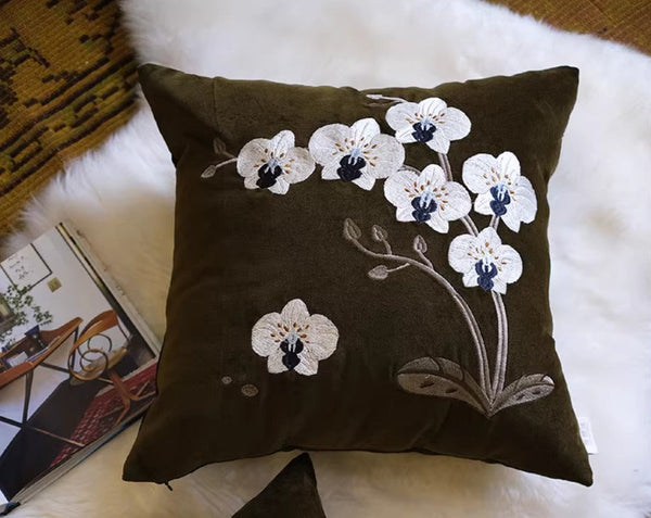 Large Decorative Pillows for Couch, Dark Olive Green Embroidered Moth Orchid Cushion, Decorative Pillow Arrangement Ideas for Couch, Living Room Decorative Pillows, Modern Throw Pillows for Bedroom-HomePaintingDecor