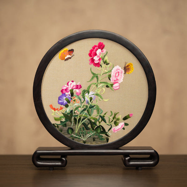 Unique Birthday Gift, Traditional Chinese Suzhou Embroidery Ornament, Exclusive Business Present Flower and Butterfly Embroidered Decor, Premium Souvenir-HomePaintingDecor