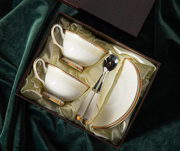 Elegant British Ceramic Coffee Cups, Bone China Porcelain Coffee Cup Set, White Ceramic Cups, Unique Tea Cup and Saucer in Gift Box-HomePaintingDecor