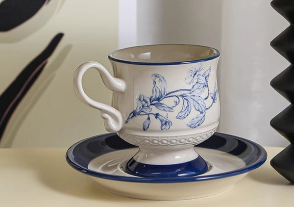 Creative Blue Coffee Cup and Saucer, Elegant Ceramic Cups for Afternoon Tea, Creative Porcelain Tea Cup Set, Beautiful British Tea Cups