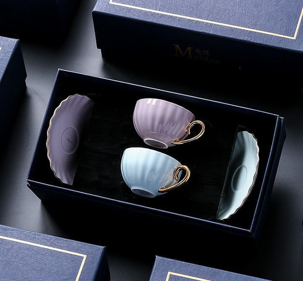 Handmade Beautiful British Tea Cups, Creative Porcelain Tea Cup Saucer Set of 2 Cups, Elegant Macaroon Ceramic Coffee Cups, 6.8 oz Tea Cup and Saucer in Gift Box as Birthday Gift-HomePaintingDecor