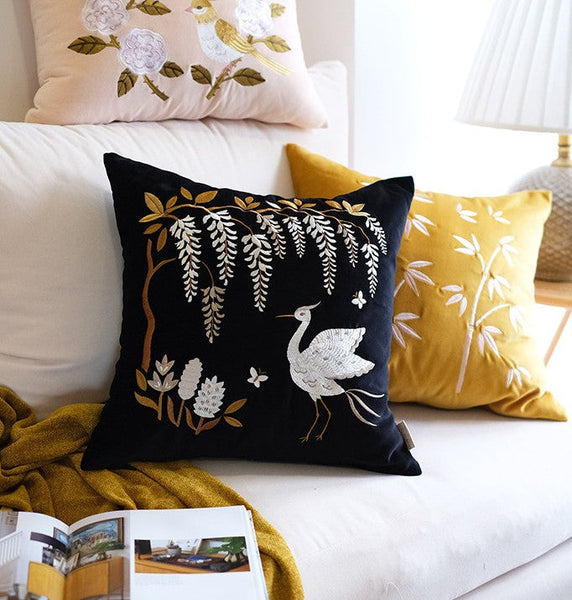 Decorative Pillow Arrangement Ideas for Bed, Embroidered Egret Cushion, Vintage Decorative Pillows, Luxury Decorative Pillows for Couch, Modern Throw Pillows for Couch-HomePaintingDecor