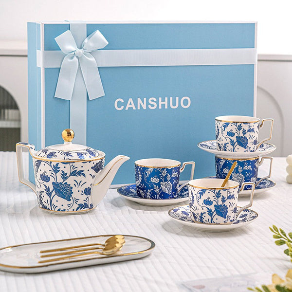 Unique British Traditional Afternoon Tea Cup Set with Teapot, 8 oz Ceramic Coffee Cup with Saucer Set of 4 cups in Gift Box, Blue Porcelain Tea Cup and Saucer Set-HomePaintingDecor