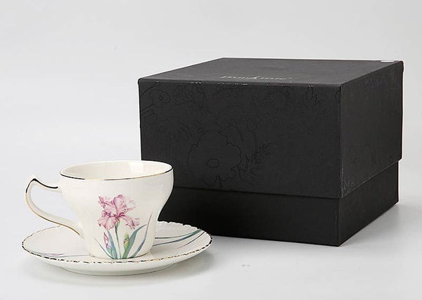 Iris Flower British Tea Cups, Beautiful Porcelain Tea Cup Saucer Set, Traditional English Tea Cup and Saucer, Unique Ceramic Coffee Cups in Gift Box-HomePaintingDecor