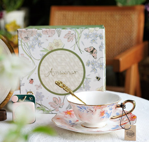 Flower Porcelain Tea Cup Saucer Set, Unique Tea Cup and Saucer in Gift Box,British Royal Ceramic Cups for Traditional Afternoon Tea, Elegant Ceramic Coffee Cups-HomePaintingDecor