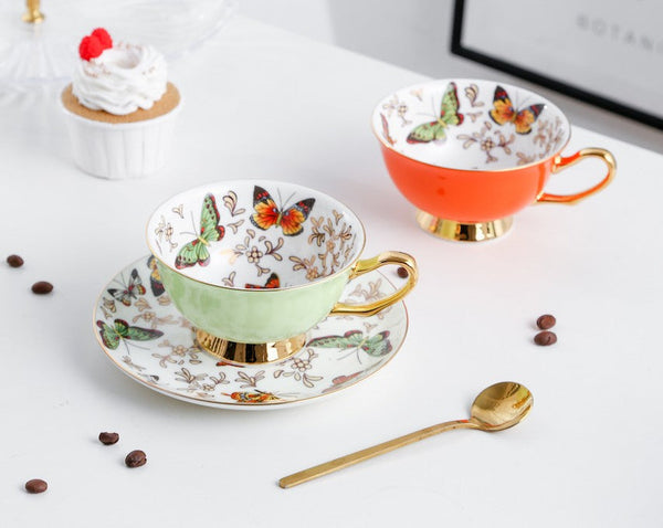 Unique Butterfly Coffee Cups and Saucers, Creative Butterfly Ceramic Coffee Cups, Beautiful British Tea Cups, Creative Porcelain Tea Cup Set-HomePaintingDecor