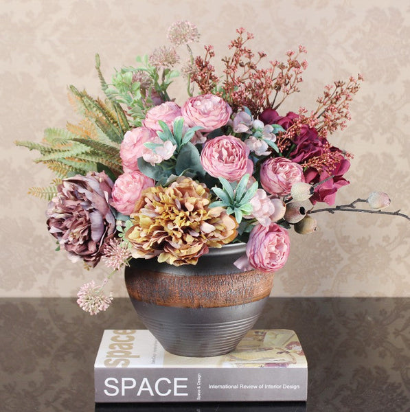 Real Touch Faux Silk Floral Bouquet Table Centerpiece, Beautiful Artificial Floral Arrangement for Bedroom, Large Bunch of Peony Flowers Arrangement-HomePaintingDecor