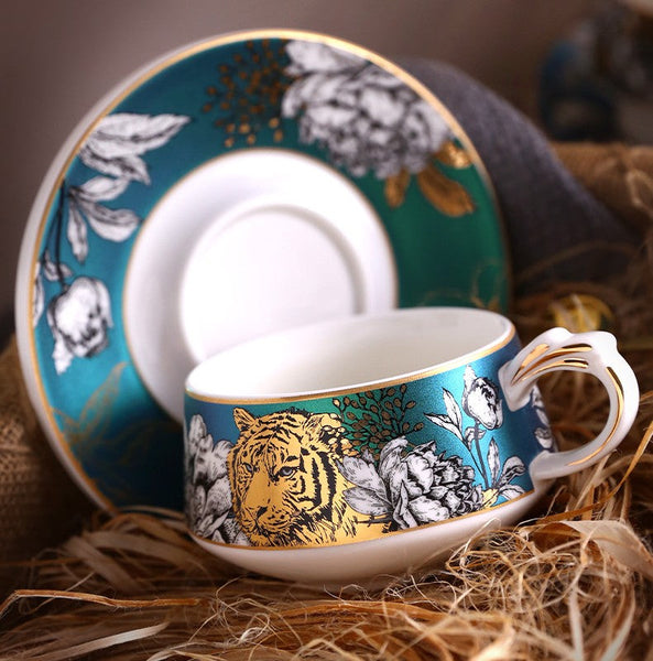 Unique Ceramic Cups with Gold Trim and Gift Box, Creative Ceramic Tea Cups and Saucers, Jungle Tiger Cheetah Porcelain Coffee Cups-HomePaintingDecor