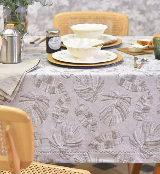 Monstera Leaf Modern Table Cloths for Kitchen, Simple Contemporary Grey Cotton Tablecloth, Large Rectangle Table Covers for Dining Room Table, Square Tablecloth for Round Table-HomePaintingDecor