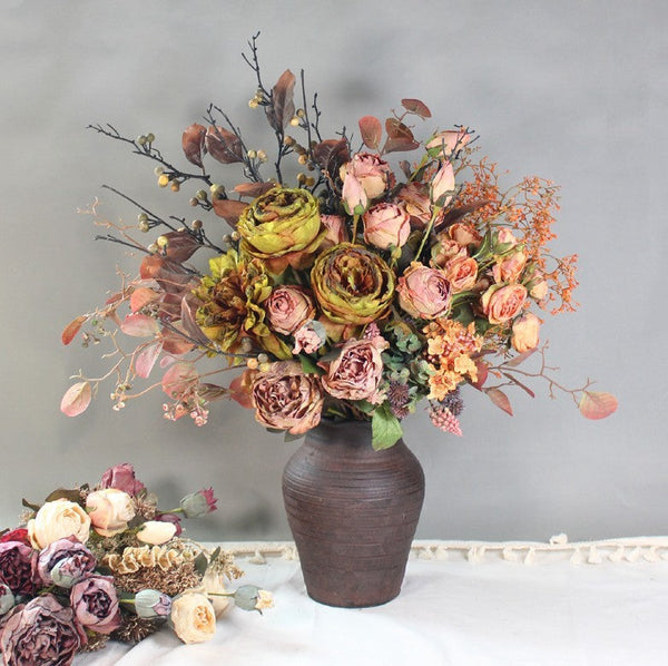 Beautiful Peony Rose Flowers Arrangement Interior Design, Large Faux Silk Floral Bouquet, Modern Artificial Floral Arrangement for Bedroom-HomePaintingDecor