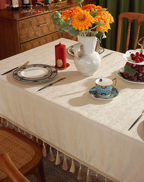Modern Rectangle Tablecloth for Kitchen, Beige Fringes Tablecloth for Home Decoration, Square Tablecloth for Round Table, Large Simple Table Cloth for Dining Room Table-HomePaintingDecor