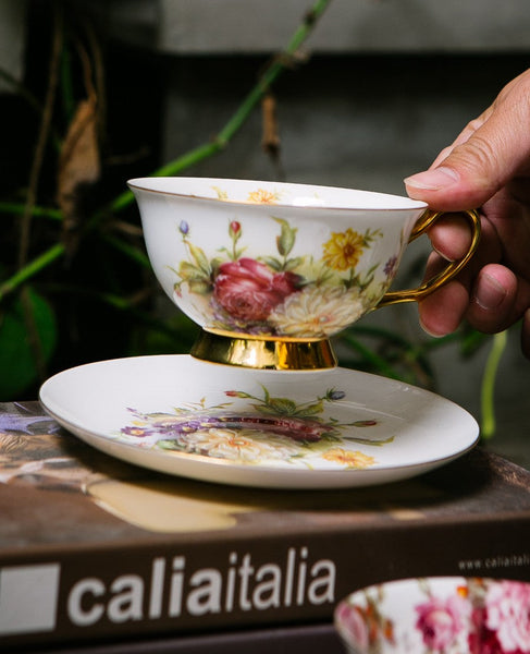 Elegant Rose Flower Ceramic Cups, Unique Royal Coffee Cup and Saucer, Creative Bone China Porcelain Tea Cup Set, Beautiful British Tea Cups-HomePaintingDecor