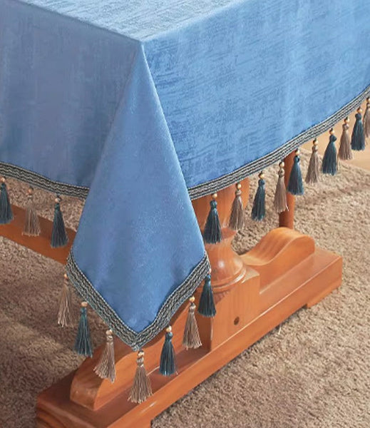 Modern Rectangle Tablecloth, Large Simple Table Cover for Dining Room Table, Square Tablecloth for Round Table, Blue Fringes Tablecloth for Home Decoration-HomePaintingDecor
