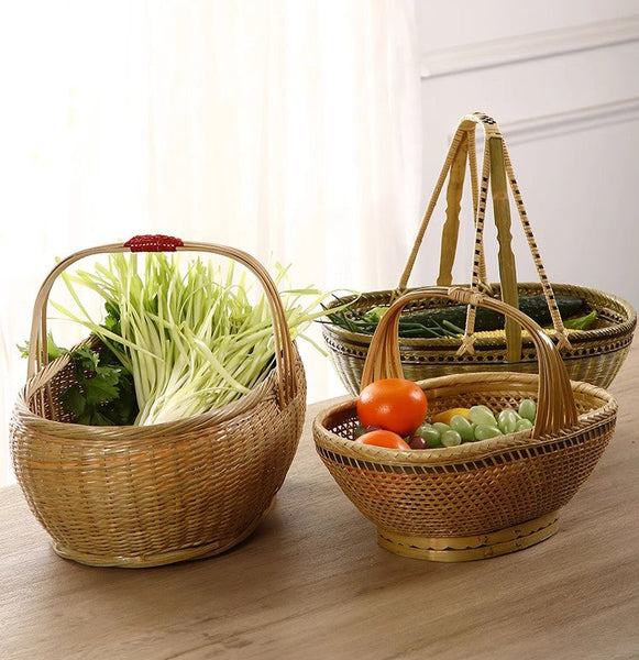 Natural Hand-woven Bamboo Basket, Natural Fruit Basket Kitchen Storage Baskets, Extra Large Picnic Food Basket with Handle, Lovely Bamboo Baskets for Vegetable-HomePaintingDecor