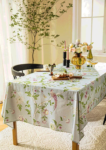 Singing Bird Tablecloth for Round Table, Kitchen Table Cover, Flower Table Cover for Dining Room Table, Modern Rectangle Tablecloth Ideas for Oval Table-HomePaintingDecor