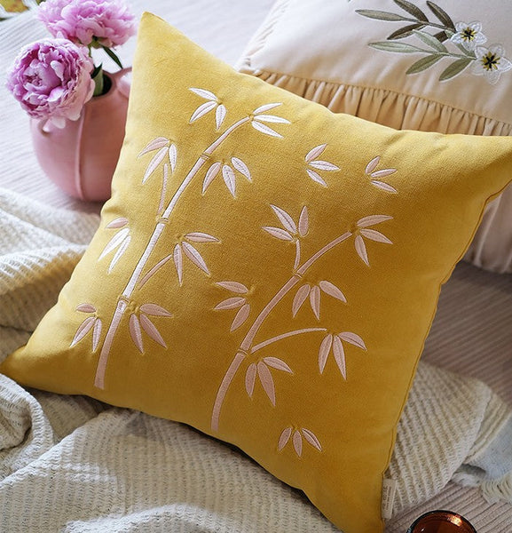 Decorative Pillow Arrangement Ideas for Couch, Large Decorative Pillows for Couch, Modern Throw Pillows for Bedroom, Living Room Decorative Pillows, Yellow Embroidered Bamboo Cushion-HomePaintingDecor