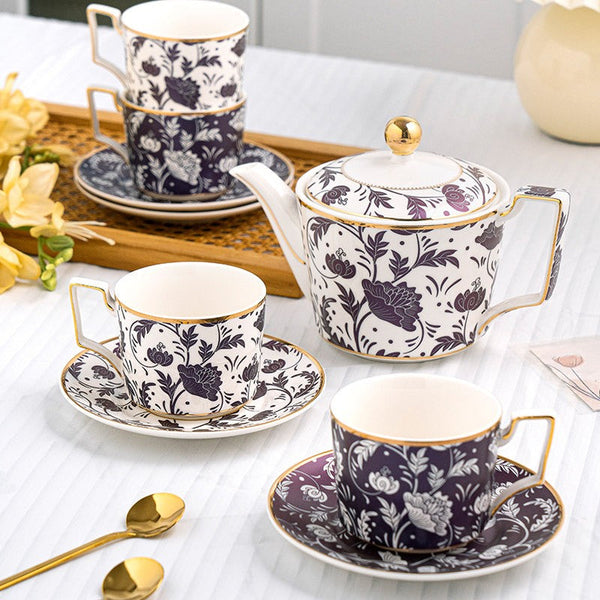 Porcelain Tea Cup and Saucer Set of 4 cups, 8 oz British Traditional Afternoon Tea Cup Set with Teapot, Ceramic Coffee Cup with Saucer in Gift Box-HomePaintingDecor