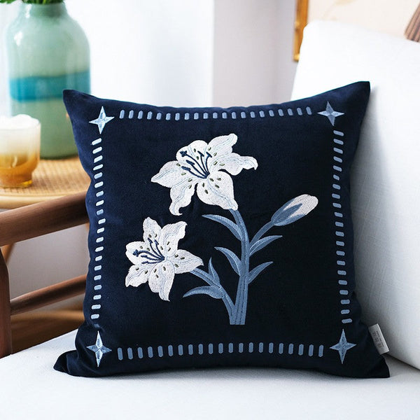 Dark Blue Lily Embroidered Cushion, Living Room Decorative Pillows, Decorative Pillow Arrangement Ideas for Couch, Large Decorative Pillows for Couch, Modern Throw Pillows for Bedroom-HomePaintingDecor
