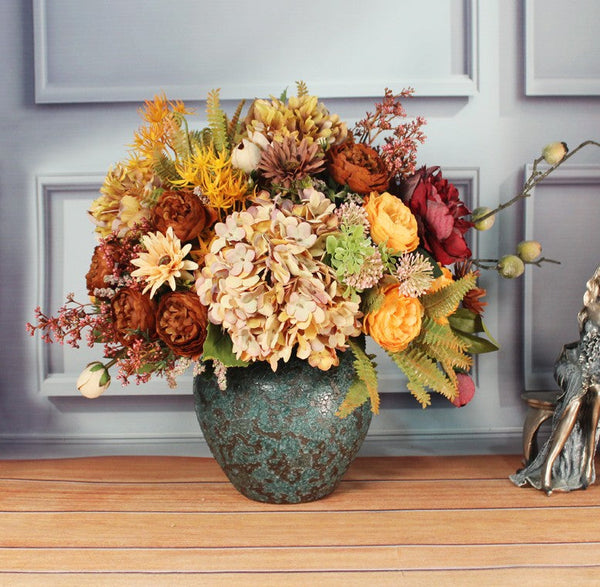 Modern Artificial Floral Arrangement for Bedroom, Large Bunch of Autumn Flowers Arrangement Interior Design, Peony Faux Silk Floral Bouquet Table Centerpiece-HomePaintingDecor