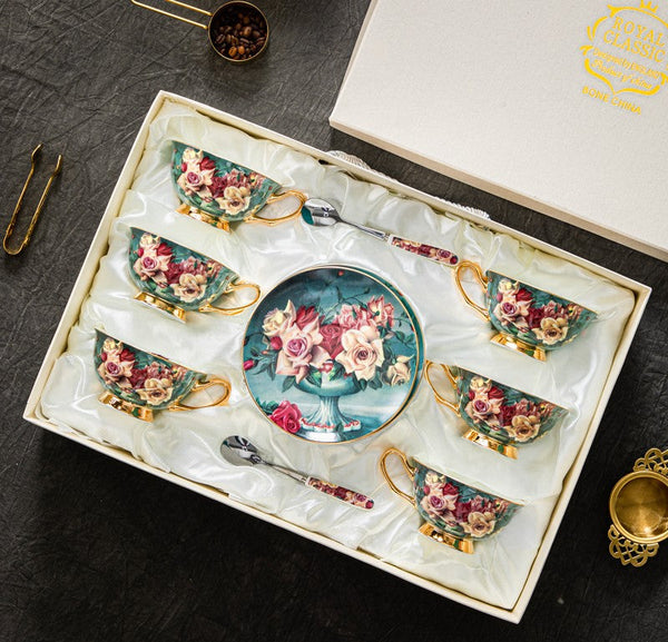 Rose Royal Ceramic Cups, Elegant Flower Ceramic Coffee Cups, Afternoon Porcelain Tea Cup Saucer Set, 6.8 oz Tea Cup and Saucer in Gift Box-HomePaintingDecor