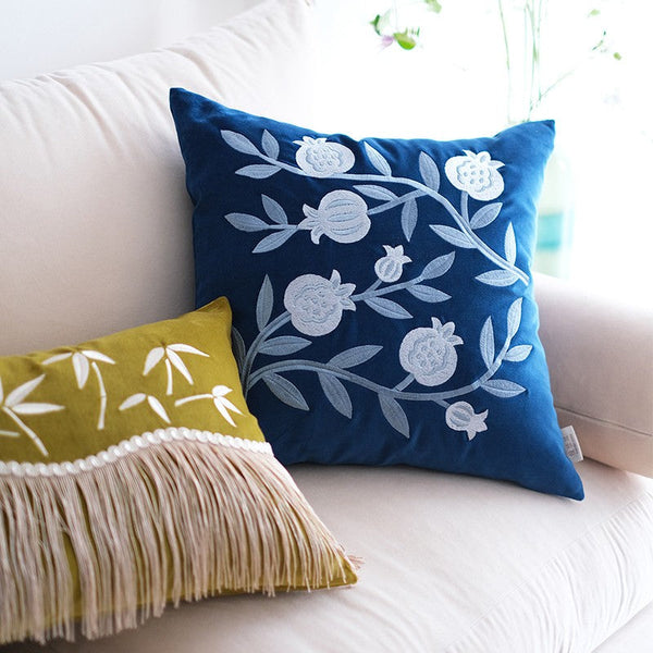 Blue Embroidered Pomegranate Cushion, Large Decorative Pillows for Couch, Living Room Decorative Pillows, Modern Throw Pillows for Bedroom, Decorative Pillow Arrangement Ideas for Couch-HomePaintingDecor