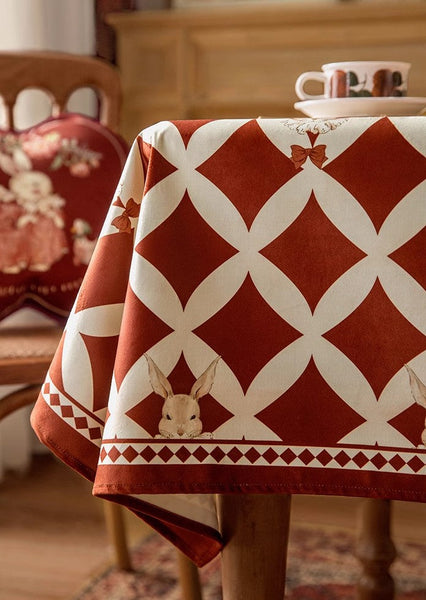 Holiday Red Tablecloth for Dining Table, Rabbit Pattern Table Cover for Dining Room Table, Modern Rectangle Tablecloth for Oval Table-HomePaintingDecor
