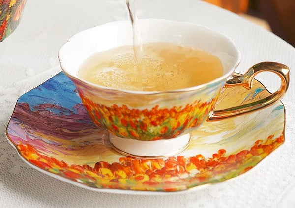 Elegant Ceramic Coffee Cups, Flower Field Vintage Porcelain Tea Cup Saucer Set, Unique British Tea Cup and Saucer in Gift Box, Royal Ceramic Cups-HomePaintingDecor