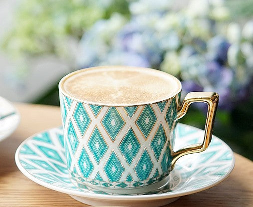 Afternoon Green British Tea Cups, Unique Ceramic Coffee Cups, Creative Bone China Porcelain Tea Cup Set, Traditional English Tea Cups and Saucers-HomePaintingDecor