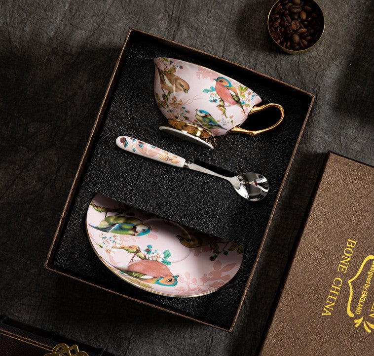 Unique Tea Cup and Saucer in Gift Box, Lovely Birds Ceramic Cups, Elegant Ceramic Coffee Cups, Afternoon Bone China Porcelain Tea Cup Set-HomePaintingDecor