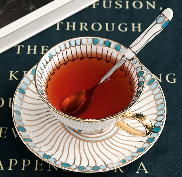 Unique Tea Cup and Saucer in Gift Box, Elegant British Ceramic Coffee Cups, Bone China Porcelain Tea Cup Set for Office, Green Ceramic Cups-HomePaintingDecor