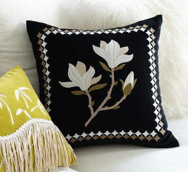 Magnolia Embroidered Cushion, Decorative Pillow Arrangement Ideas for Couch, Large Decorative Pillows for Couch, Modern Throw Pillows for Bedroom, Living Room Decorative Pillows-HomePaintingDecor