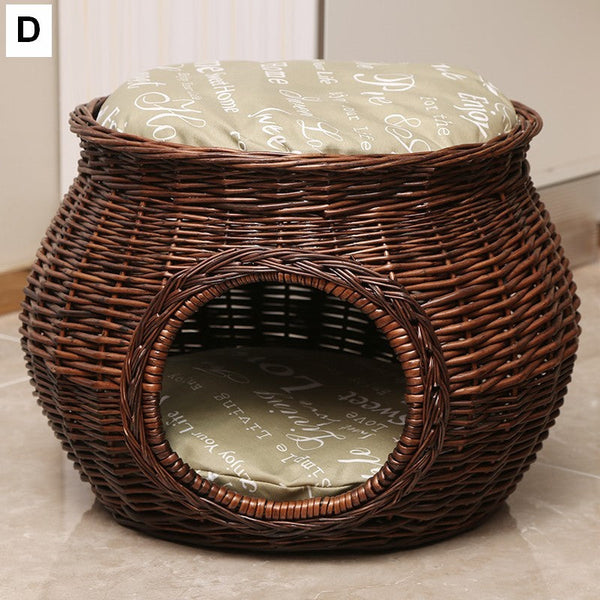 Rattan Cat Bed, Wicker Cat House Basket with Washable Cushion for Indoor Cats and Dogs-HomePaintingDecor