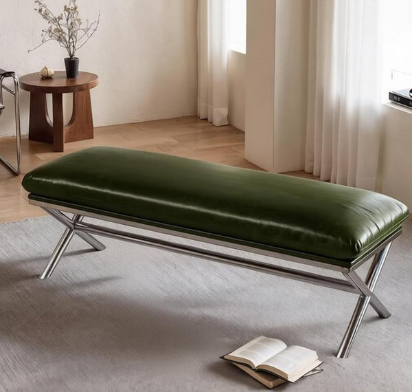 Luxury Genuine Leather Entry Bench, Upholstered Shoe Bench, Contemporay Bedroom Bench, Narrow Entryway Bench, Modern Shoe Changing Ottoman, Mid-Century Hall Bench-HomePaintingDecor