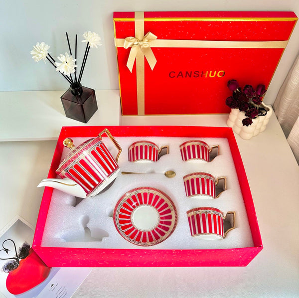 Modern Ceramic Coffee Cups, 7.4 oz Red Tea Cup and Saucer Set of 4 cups with Teapot in Gift Box, Porcelain Tea Cup and Saucer Set-HomePaintingDecor