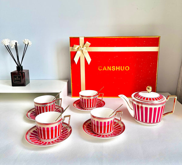 Beautiful Porcelain Tea Cup and Saucer Set, Red Tea Cup and Saucer Set with Teapot in Gift Box, Modern Ceramic Coffee Cups-HomePaintingDecor